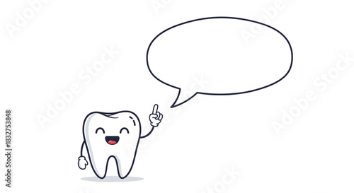 Cute and healthy tooth character smiling and pointing up with a blank speech bubble for dental advice or oral hygiene tips.
