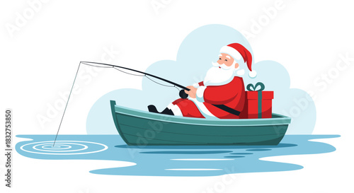 Santa Claus taking a break from holiday duties, relaxing and fishing from a small boat with a Christmas present beside him.
