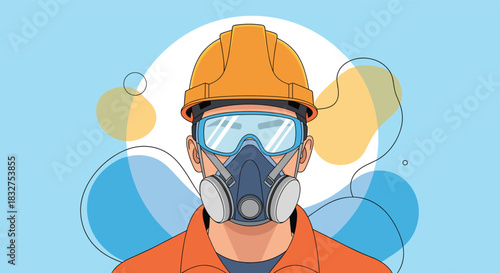 Portrait of an industrial worker wearing comprehensive personal protective equipment including a hard hat, goggles, and a respirator.