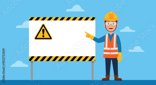 Construction worker character pointing to a large blank warning sign with a hazard symbol, providing space for a custom message.