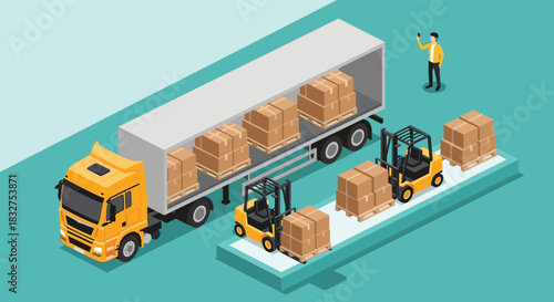 Isometric view of a logistics operation with forklifts loading pallets with cardboard boxes into a large cargo truck at a warehouse.