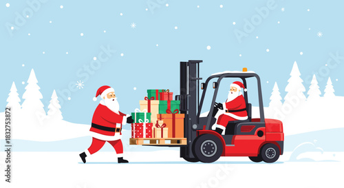 Two Santa Clauses using a forklift to move a pallet of Christmas gifts in a snowy winter scene, a funny holiday concept.