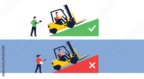 Forklift safety training infographic showing the correct and incorrect ways to drive on a ramp, with right and wrong examples.