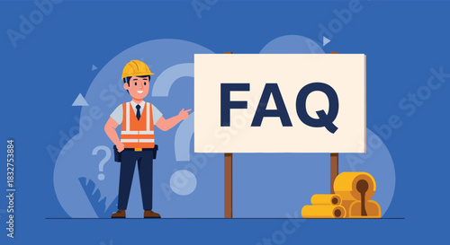 Construction worker character standing next to a large sign with the text FAQ for a frequently asked questions section or support.