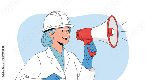 Female scientist or engineer in a lab coat and hard hat making an important announcement through a red megaphone, vector art.