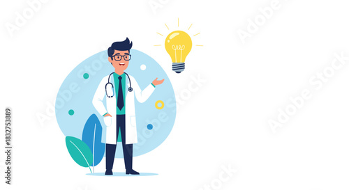 Male doctor character presenting a glowing light bulb, symbolizing a medical breakthrough, new idea, or healthcare innovation.