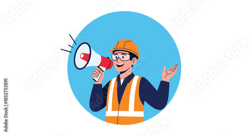 Male construction worker in a hard hat making an announcement with a megaphone, illustrated as a circular icon for alerts.