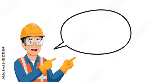 Male construction worker pointing to a blank speech bubble with both hands, emphasizing a space for important instructions or text.
