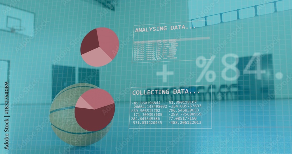 Naklejka premium Displaying basketball and floating pie-chart HUD overlays on gymnasium court, with %84 data