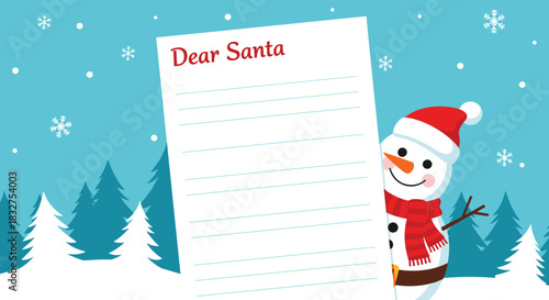 Cute snowman peeking from behind a blank 'Dear Santa' letter in a snowy winter landscape, a Christmas wish list background.