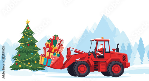 Santa Claus driving a red wheel loader full of presents towards a decorated Christmas tree in a snowy mountain landscape.