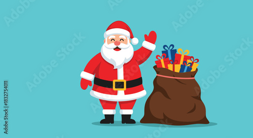 Cheerful Santa Claus waving a friendly greeting while standing next to a large sack overflowing with colorful Christmas presents.