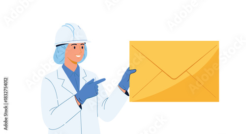 Female scientist or factory worker in protective gear smiling and pointing to a large yellow envelope, presenting a message.
