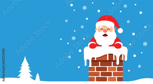 Happy Santa Claus popping out of a snow-covered brick chimney on a rooftop during a snowy Christmas Eve night, vector banner.