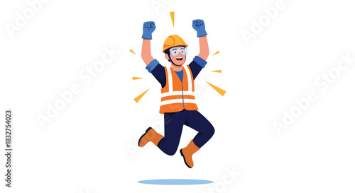 An excited construction worker in full safety gear jumping in the air with fists raised, celebrating a success or achievement.