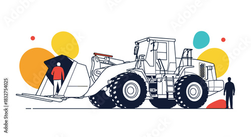 Technical line art illustration of a large wheel loader with human silhouettes for scale, on a white background with abstract shapes.