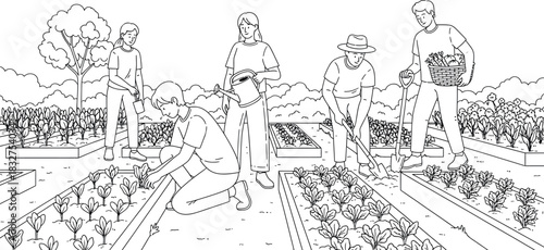 Community Garden Scene: People Planting, Watering, and Harvesting in Raised Beds - Line Art Illustration