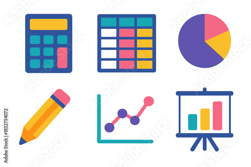 Vibrant Statistical Icons. Statistical Overview flat icon set: calculator, table, pie chart, line graph, pencil, chart board
