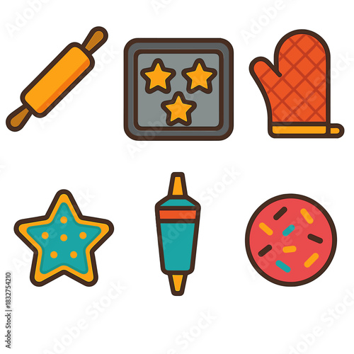 Festive Baking Essentials. Festive Baking flat icon set : rolling pin, cookie tray, star cookie, frosting tube, candy sprinkle, oven mitt