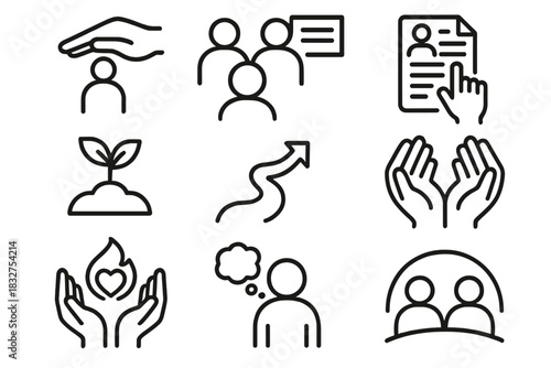 Generational Connection Icons. Generational Connection Set linear icon set: mentoring hand, shared experience icon, advice note, growth sprout, life path arrow, cooperative hands