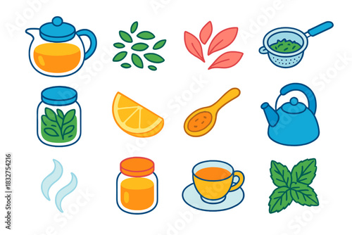 Herbal Infusion Icons. Herbal Infusion Set flat icon set: glass teapot, loose tea leaves, flower petals, strainer, jar of herbs, citrus wedge, wooden spoon, kettle, steam, honey