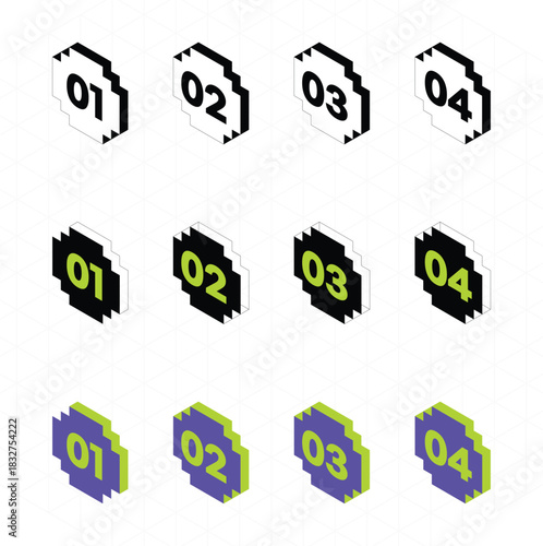 Isometric step number badges 01 to 04 in bold 3D pixel style, modern infographic labels with black, white, neon green and purple colors on subtle geometric grid background for process timeline, UI int