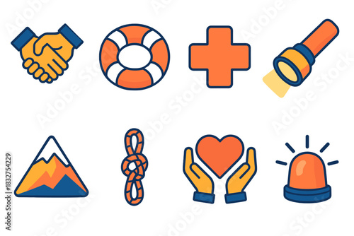 Rescue Icons Set. Rescue Awareness flat icon set: helping hands, lifebuoy ring, medical cross, flashlight beam, mountain rescue badge, rope knot, heart support, siren light