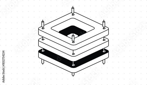 Isometric stacked server layers. Square plates, central opening bolts minimalist tech. Blockchain stack, web3 infrastructure, modular architecture, verification layers and autonomous digital system