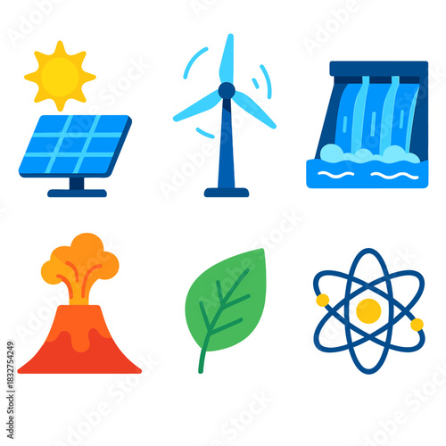 Modern Energy Icons. Energy Sources Set flat icon set: solar panel, wind turbine, hydro dam, geothermal vent, biomass leaf, nuclear atom
