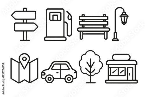 Roadside Icon Set. Roadside Concept linear icon set: road sign, gas station, bench, street lamp, map, car, tree, roadside diner