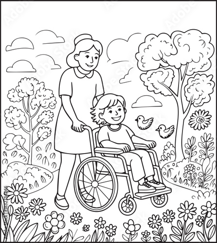 A cute nurse in hospital coloring page for kids, black line art vector illustration for medical student coloring book