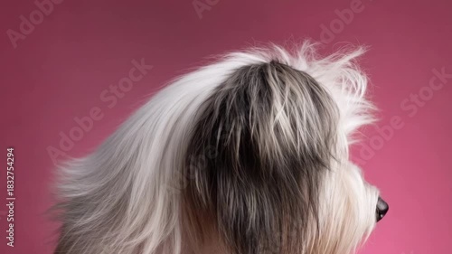 A fluffy white dog with long, shaggy fur gazes to the right against a pink background.