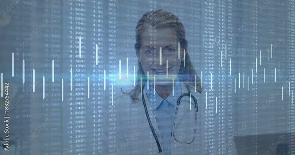 Naklejka premium Standing doctor facing in clinic wearing lab coat, collared shirt and stethoscope with data overlay