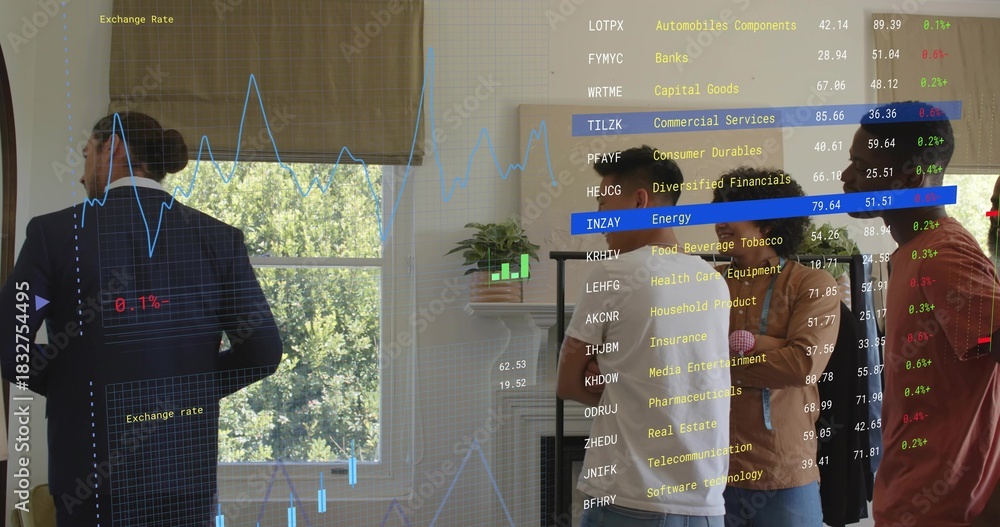 Fototapeta premium Inspecting five men adjusting suits and checking rack in living room, with financial graphics