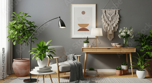modern living room with table Design home interior of living room with stylish chair and wooden desk, plants, flowers, table lamp, mock up poster frame, macrame and elegant accessories. Stylish home