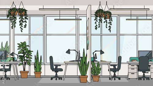 Office space with natural lighting through large windows and indoor greenery replacing harsh overhead lights, flat vector design for biophilic office and sensory-friendly workplace environment