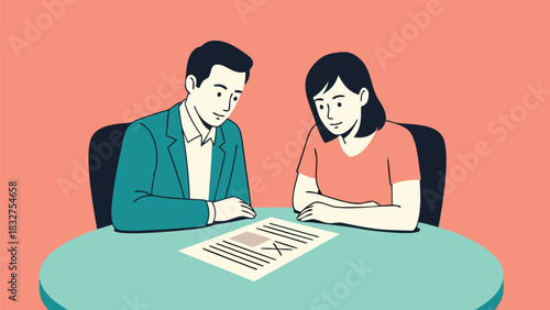 Manager and employee sitting side-by-side at round table reviewing shared document for non-confrontational feedback, flat style for inclusive management and accessible workplace communication