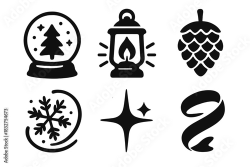 Winter Icons Collection. Winter Magic silhouette icon set : snow globe, glowing lantern, pinecone, snowflake swirl, star sparkle, ribbon curl