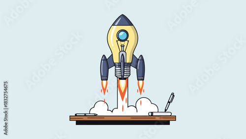 Lightbulb transforming into rocket ship launching from desk symbolizing rapid idea generation, flat vector art for ADHD creativity and innovative thinking burst concept illustration