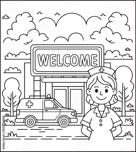 A cute nurse in hospital coloring page for kids, black line art vector illustration for medical student coloring book