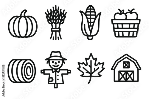 Autumn Harvest Icons. Autumn Harvest linear icon set. pumpkin, wheat bundle, corn cob, apple basket, hay bale, scarecrow, maple leaf, barn