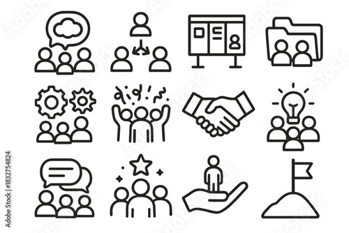 Team Dynamics Icons. Team Dynamics Icons linear icon set: brainstorming bubble, task delegation arrows, project board, shared folder, collaborative gears, celebration confetti