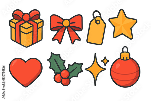 Festive Icon Set. Holiday packaging flat icon set : wrapped gift, ribbon, tag, star, sparkle, heart, holly leaf, ornament