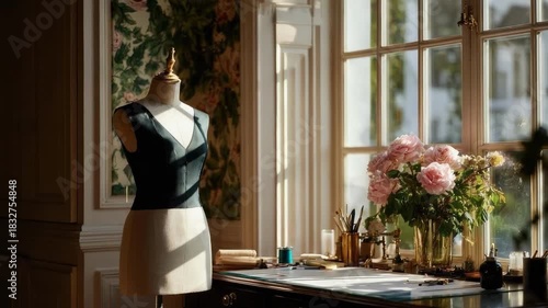 A dress form wearing a black bodice and white skirt in a vintage sewing room with a window, desk, and pink flowers.
