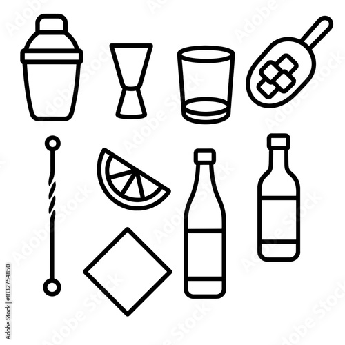 Bar Tools Icons. Bar essentials concept linear icon set: shaker, jigger, glass, ice scoop, stirring rod, lemon wedge, bottle, napkin