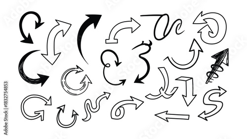 A collection of hand drawn black arrows in various styles and directions on a white background
