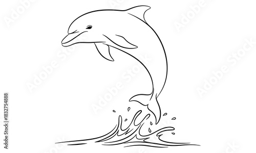 A playful dolphin leaping joyfully out of the ocean water with splashes and waves in a simple line art drawing