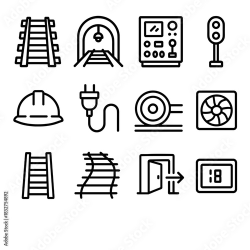 Underground Network Icons. Underground network linear icon set. rail line, tunnel light, control panel, signal switch, maintenance hat, electric cable, train wheel, ventilation fan