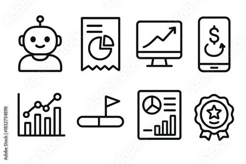 Smart Finance Icons. Smart Finance Management linear icon set: AI assistant icon, expense categorizer, predictive savings chart, cash flow monitor, spending habit graph, goal
