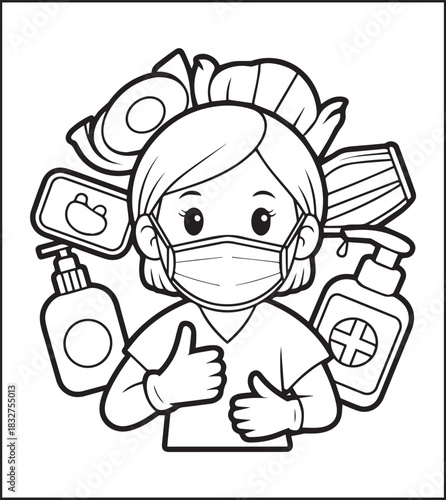 A cute nurse in hospital coloring page for kids, black line art vector illustration for medical student coloring book